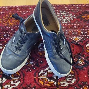 Men's Black Leather Vans Sneakers Size 10